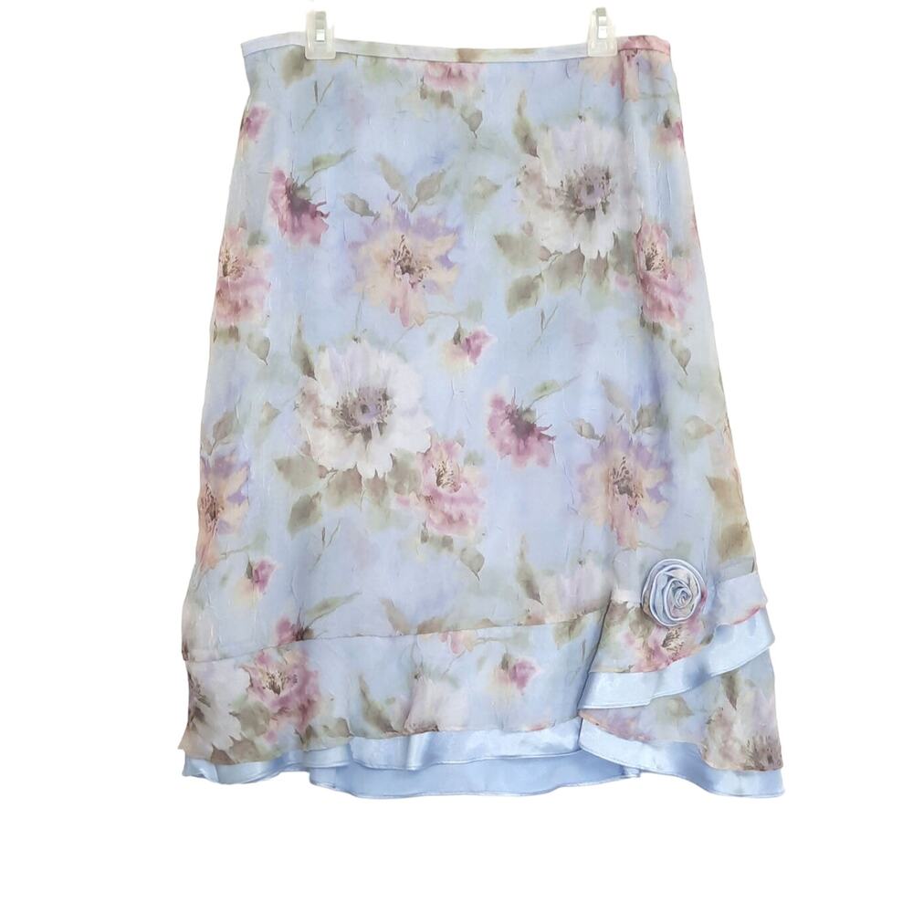 Blue Floral Ruffle Hem Midi Skirt Sz 16 Fairy Romantic Pastel Watercolor Layered